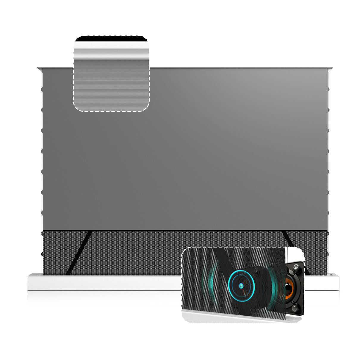 WUPRO Cinema LeApex CBSP Electric Floor Rising Projector Screen White color housing Perforated bottom design with acoustic 3D sound effect.