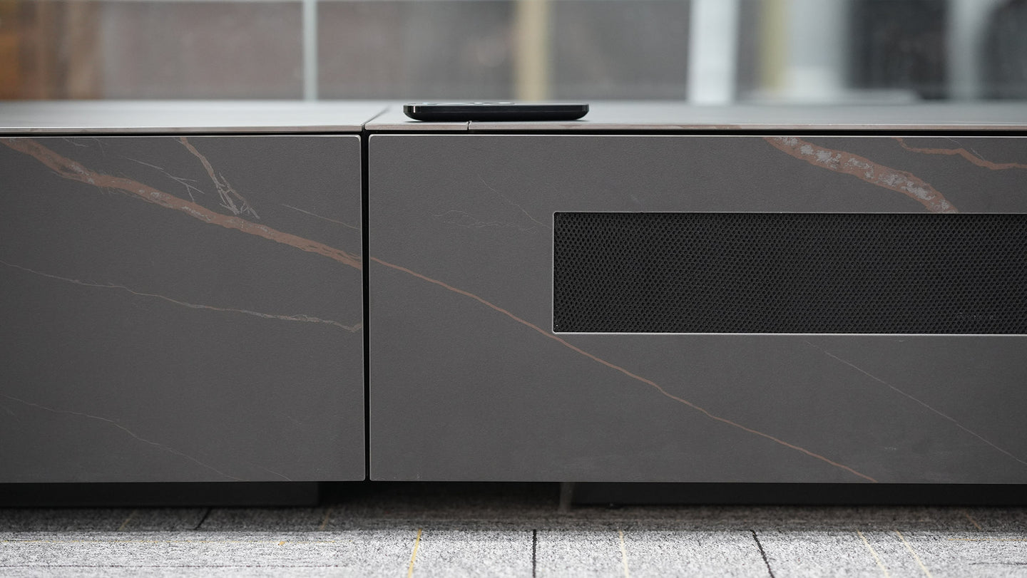 WUPRO Cinema Rock Panel Customisable Laser TV Cabinet for UST Projector Black and Gold Details Actual Photo