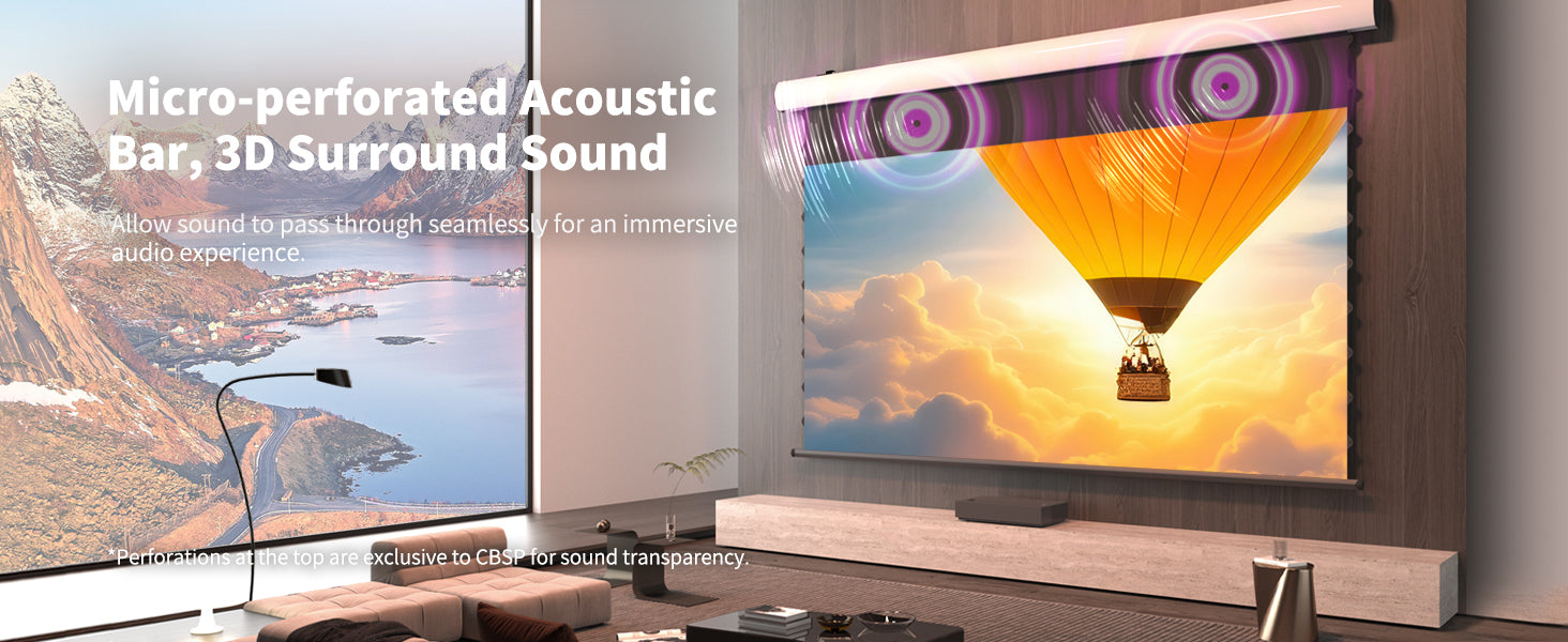 WUPRO Cinema FlowArc Luxury CBSP Smart ALR CLR Motorised Drop Down Projector Screen,Micro-perforated Acoustic Bar,3D Surround Sound