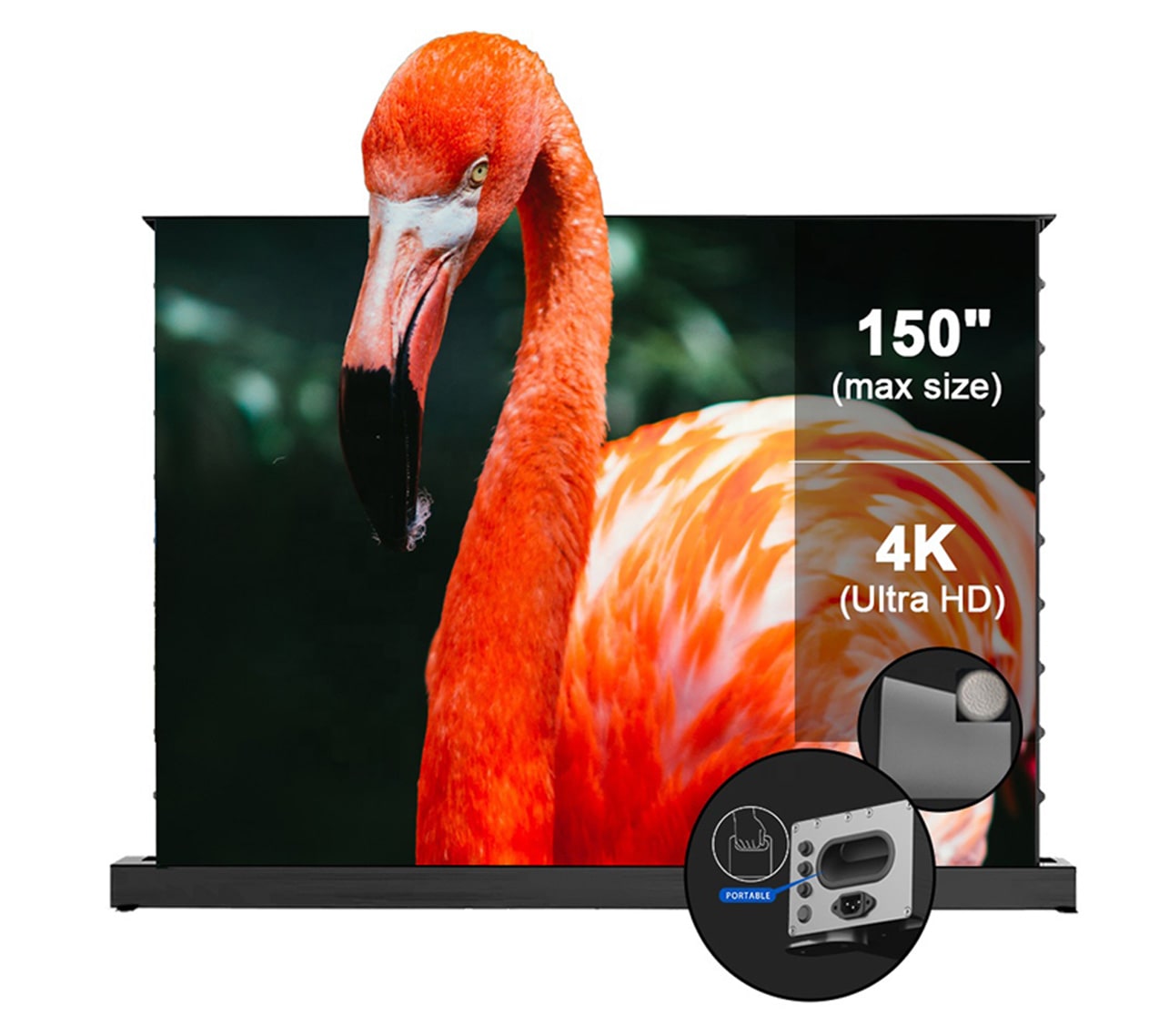 Motorized floor rising screen, the maximum size of 150 inches, 4KUHD, both sides of the portable innovative design, more portable!