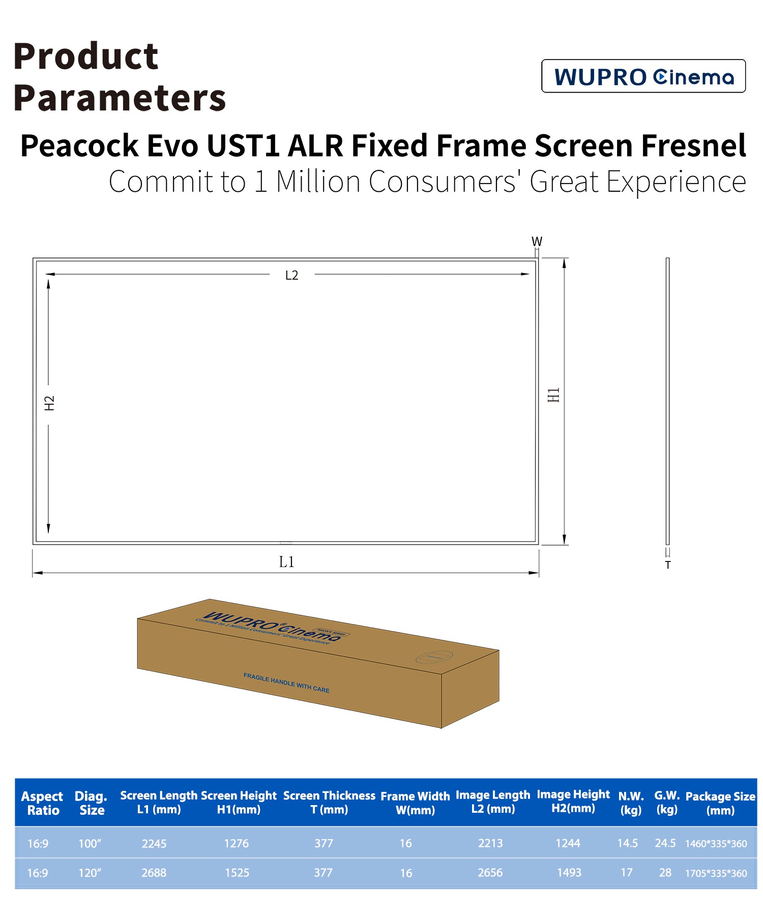 WUPRO Cinema Peacock Evo Fresnel UST1 ALR fixed frame screen parameters