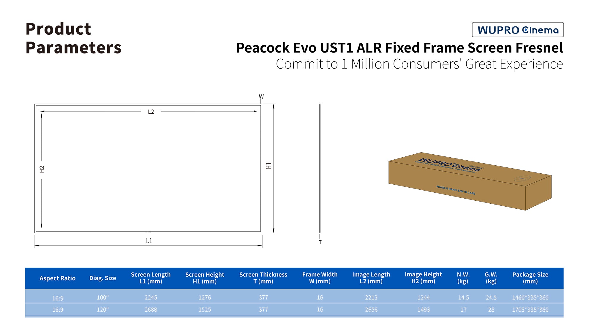 WUPRO Cinema Peacock Evo Fresnel UST1 ALR fixed frame screen parameters