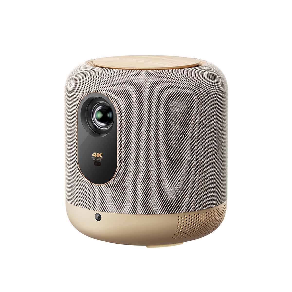 FORMOVIE V10 True 4K projector with wood grain top, soft fabric, and metal finish.