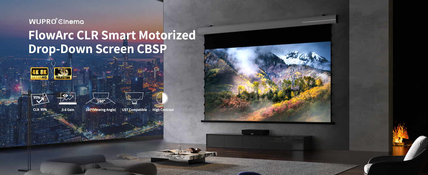 WUPRO Cinema FlowArc Luxury CBSP Smart ALR CLR Motorized Drop Down Projector Screen 95%CLR ALR 0.6Gain 160° view angle ultra contrast