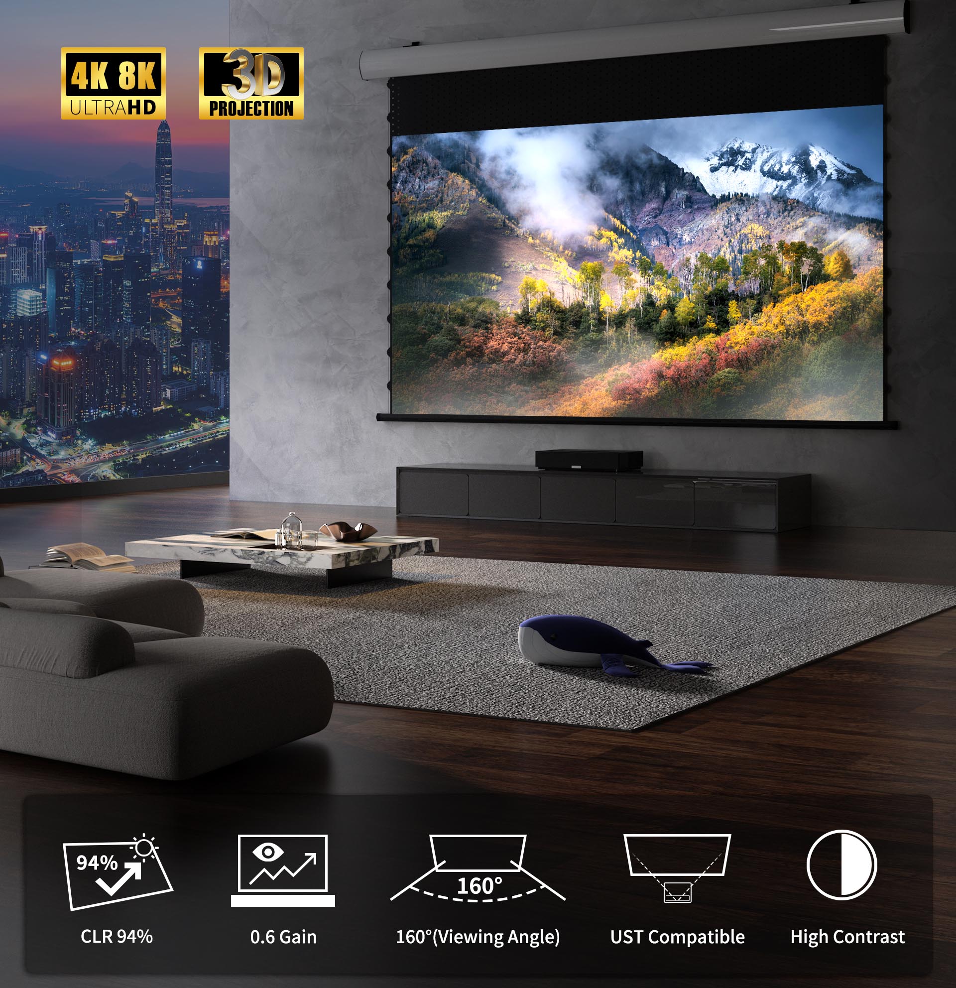 WUPRO Cinema FlowArc Luxury CBSP Smart ALR CLR Motorized Drop Down Projector Screen 95%CLR ALR 0.6Gain 160° view angle ultra contrast