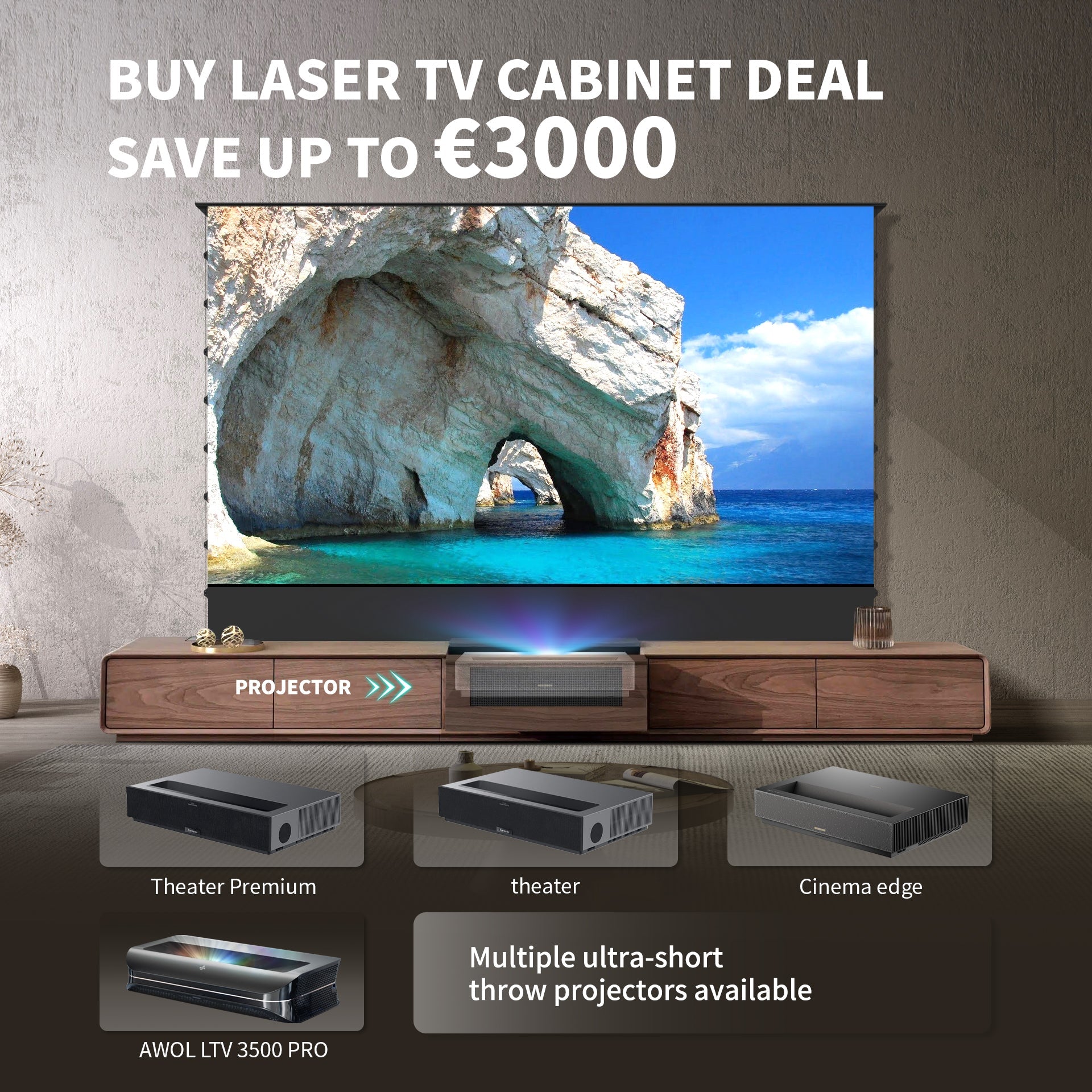 Save up to €3,000 when you purchase a projector, projection screen, and laser TV cabinet bundle at WUPROBUY.