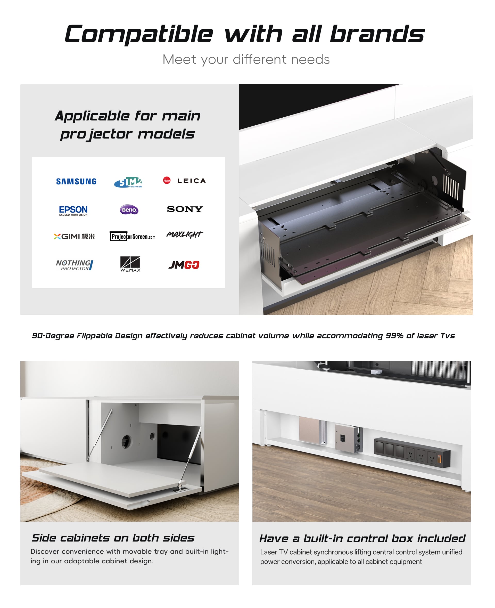WUPRO DR-500 fully concealed smart UST laser TV cabinet, customizable colors, compatible with all projectors and screens, side cabinets, built-in control box
