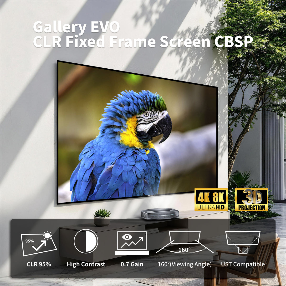 WUPRO Cinema Gallery EVO CBSP CLR fixed frame projector screen for UST projectors with 95% CLR, 0.7 gain and 160° viewing angle