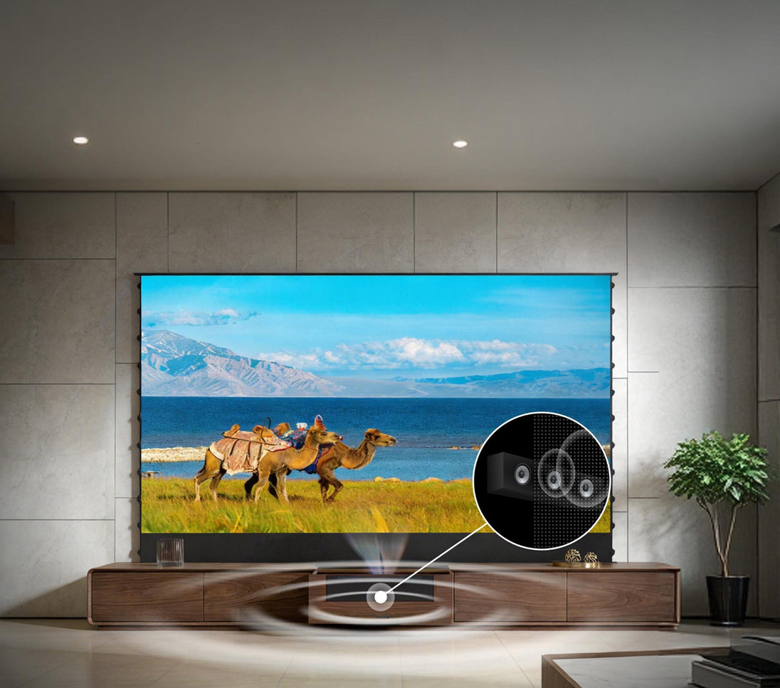 WUPRO × NIKOHOME Phantom5 Walnut Solid Wood Smart Laser TV Cabinet for UST Projector – Motorized Drawer with Perforated Acoustic Design for 3D Surround Sound