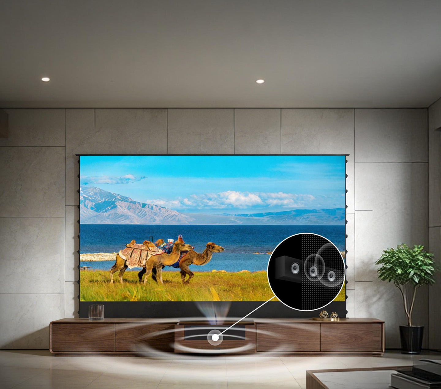 WUPRO × NIKOHOME Phantom5 Walnut Solid Wood Smart Laser TV Cabinet for UST Projector – Motorized Drawer with Perforated Acoustic Design for 3D Surround Sound