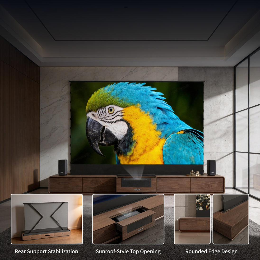 WUPRO × NIKOHOME Phantom5 Masterpiece Series Walnut Solid Wood Smart Laser TV Cabinet for UST Projector – Detail View