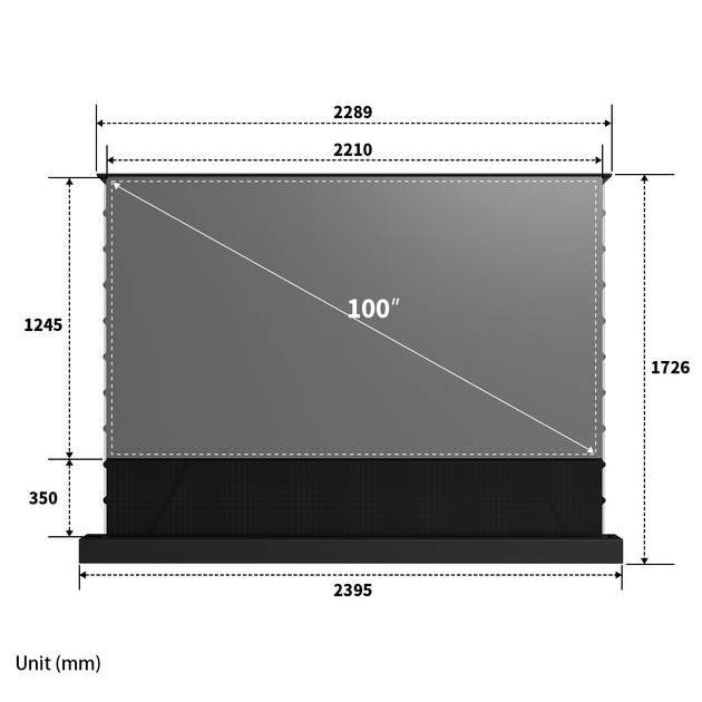 WUPRO CINEMA LeApex Smart CBSP Excellent Contrast Tension CLR ALR Electric Floor Lift Screen 100-inch Size Diagram