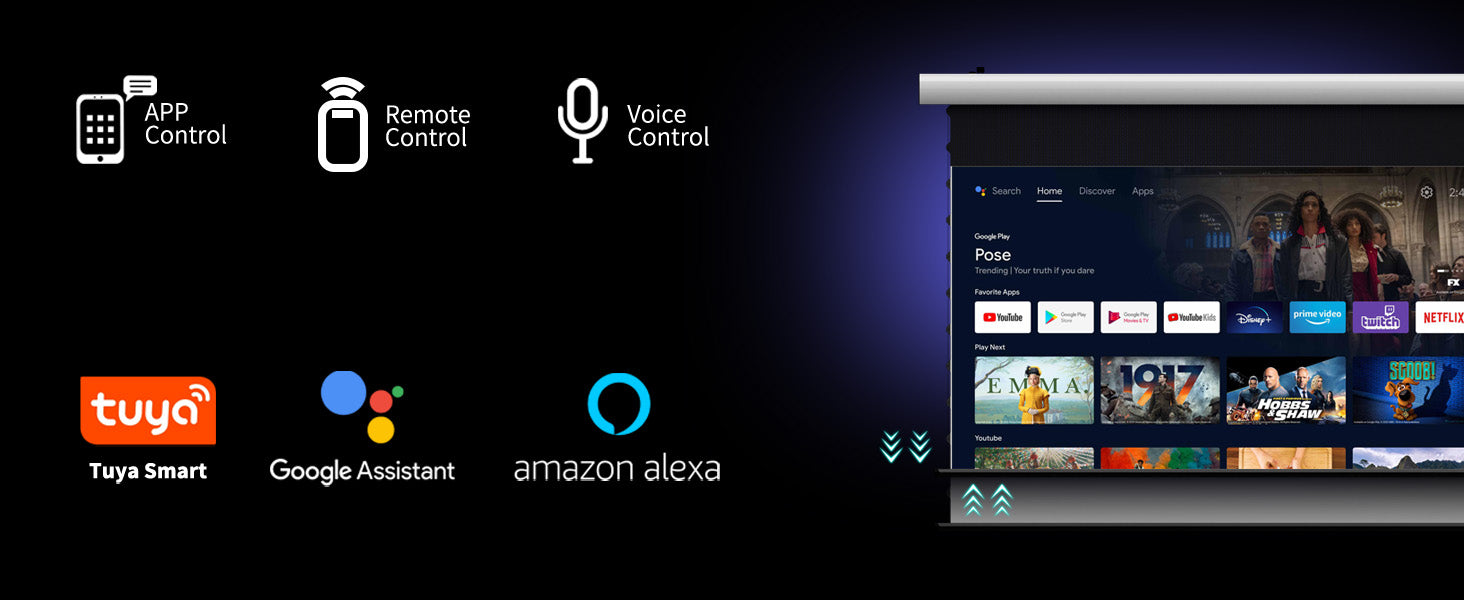 WUPRO Cinema FlowArc Luxury Smart ALR CLR Motorised Drop Down Projector Screen Supports control via remote control, voice commands, and apps, and supports connection to Tuya, Google Assistant, Alexa, etc.