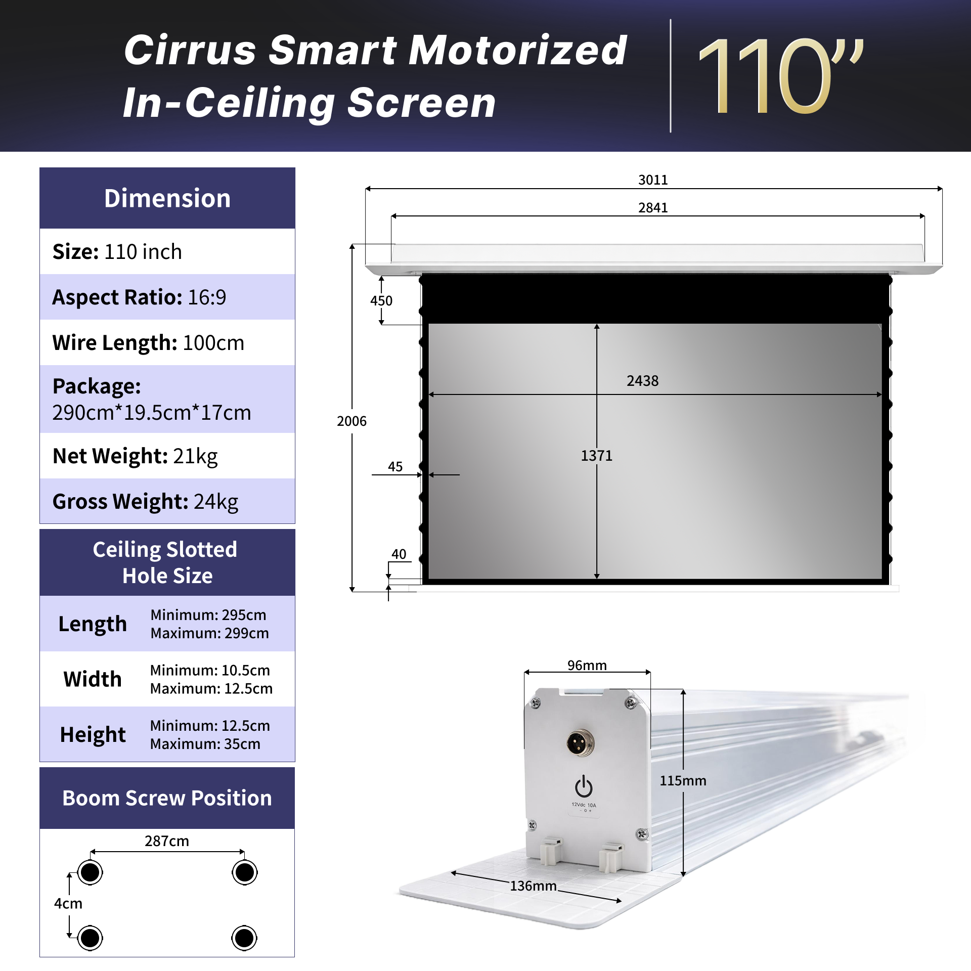 WUPRO Cinema Cirrus In-Ceiling Smart Motorized Drop-Down Projector Screen - 110nch Specifications