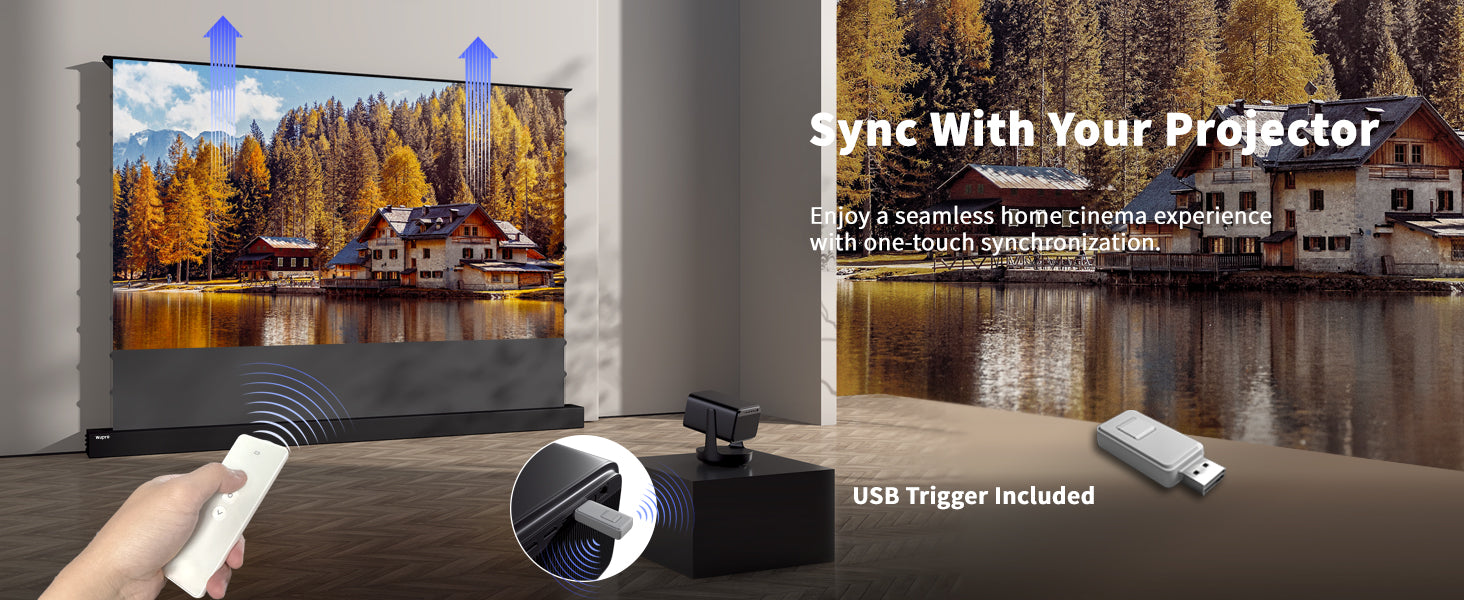 “WUPRO Cinema LeApex Black Crystal ALR Floor Rising Screen with USB trigger for projector power synchronization