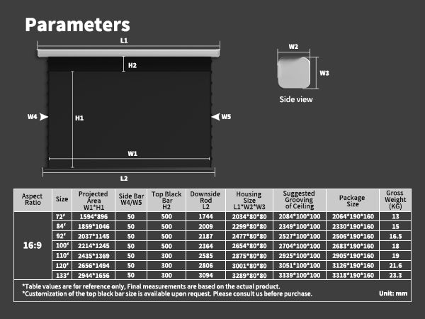 WUPRO Cinema QuadraArc drop down screen size chart