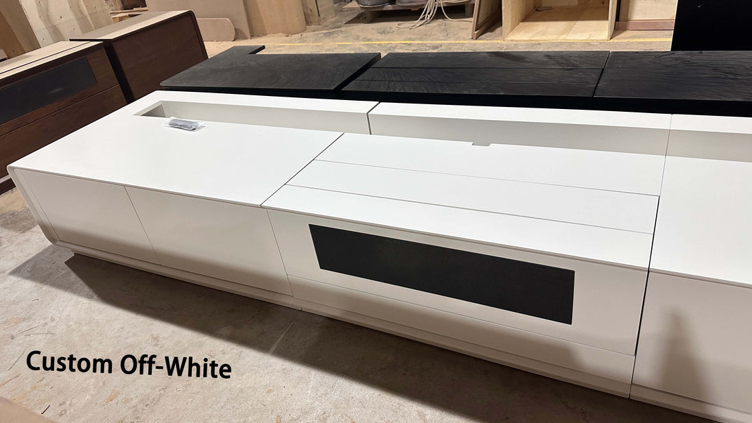 120 inch NIKOHOME Phantom5 smart laser TV cabinet in custom off-white walnut solid wood design