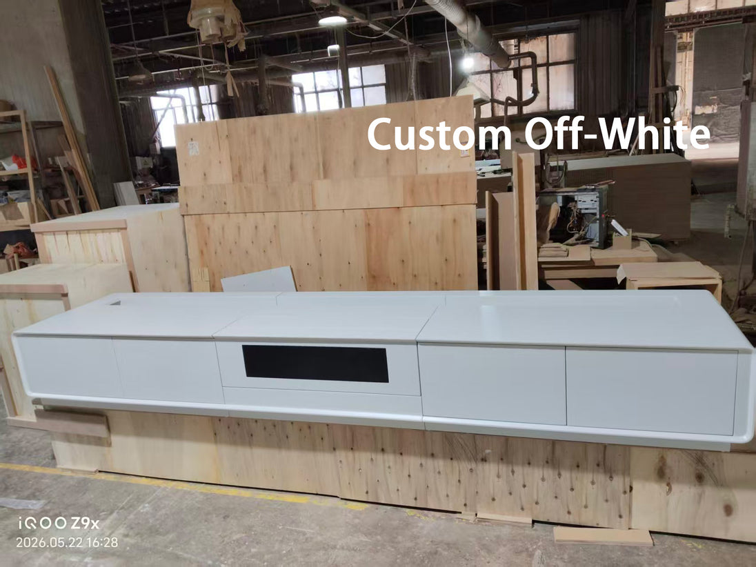 120 inch NIKOHOME Phantom5 smart laser TV cabinet in custom off-white walnut solid wood design
