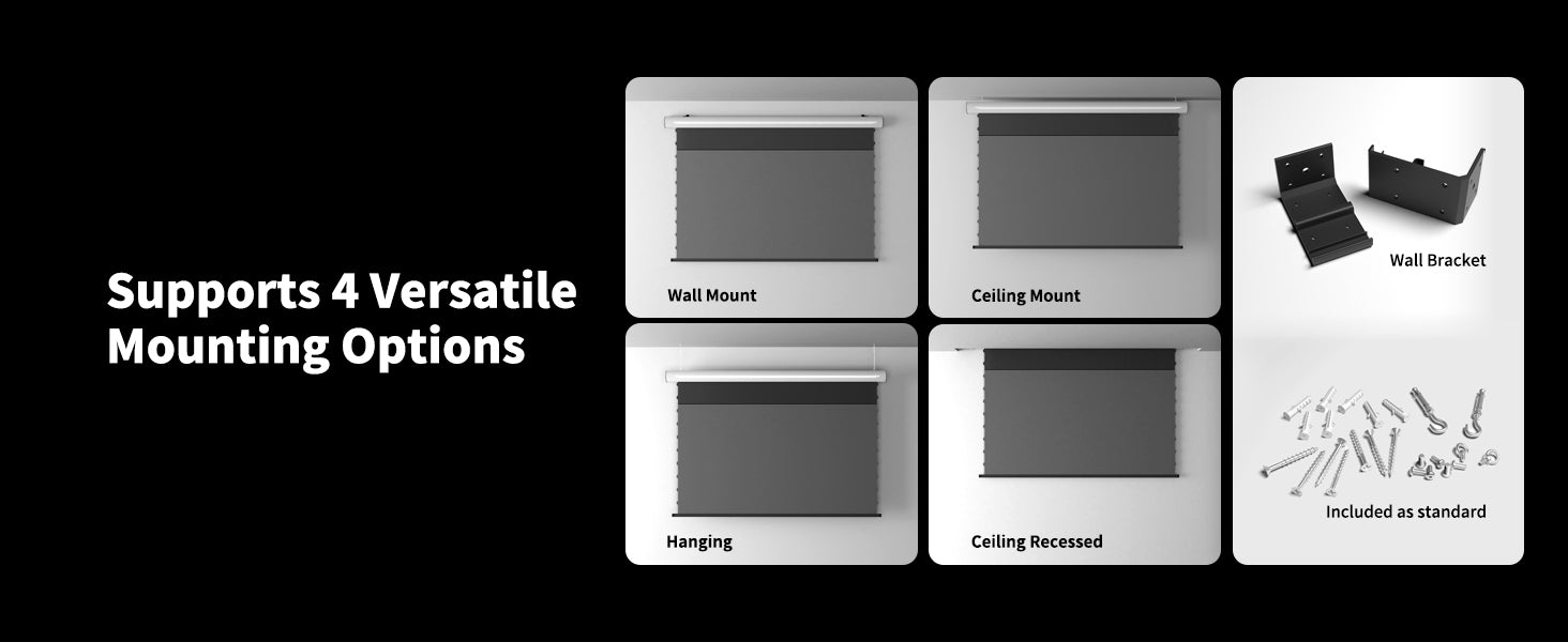 WUPRO Cinema FlowArc Electric Drop Down Projector Screen Supports 4 Versatile Mounting Options