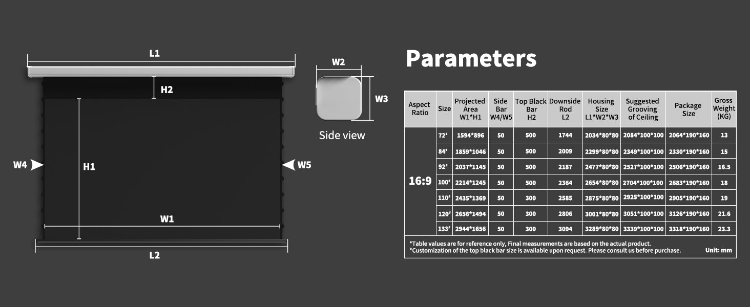 WUPRO Cinema QuadraArc drop down screen size chart