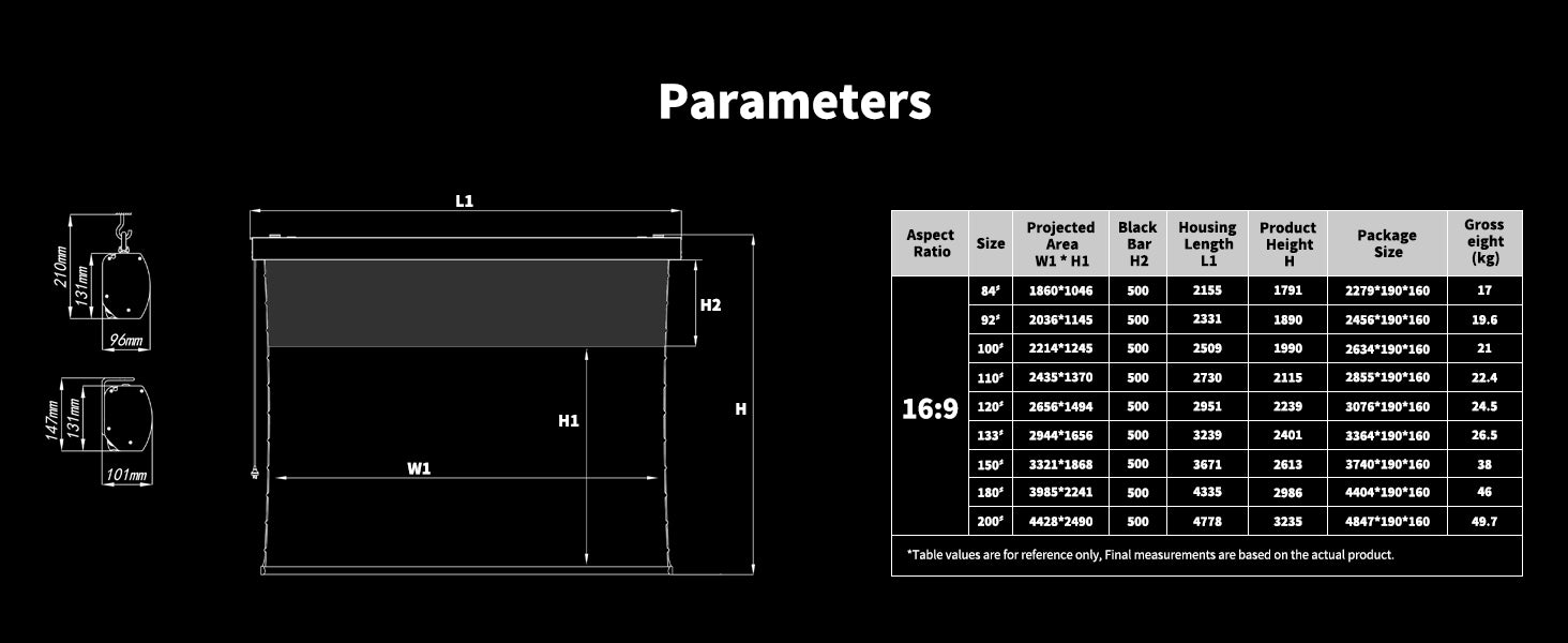 WUPRO Cinema FlowArc Electric Drop Down Projector Screen size chart