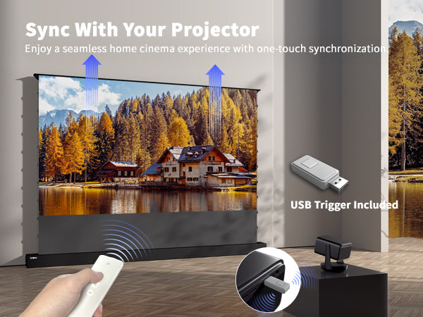“WUPRO Cinema LeApex Black Crystal ALR Floor Rising Screen with USB trigger for projector power synchronization