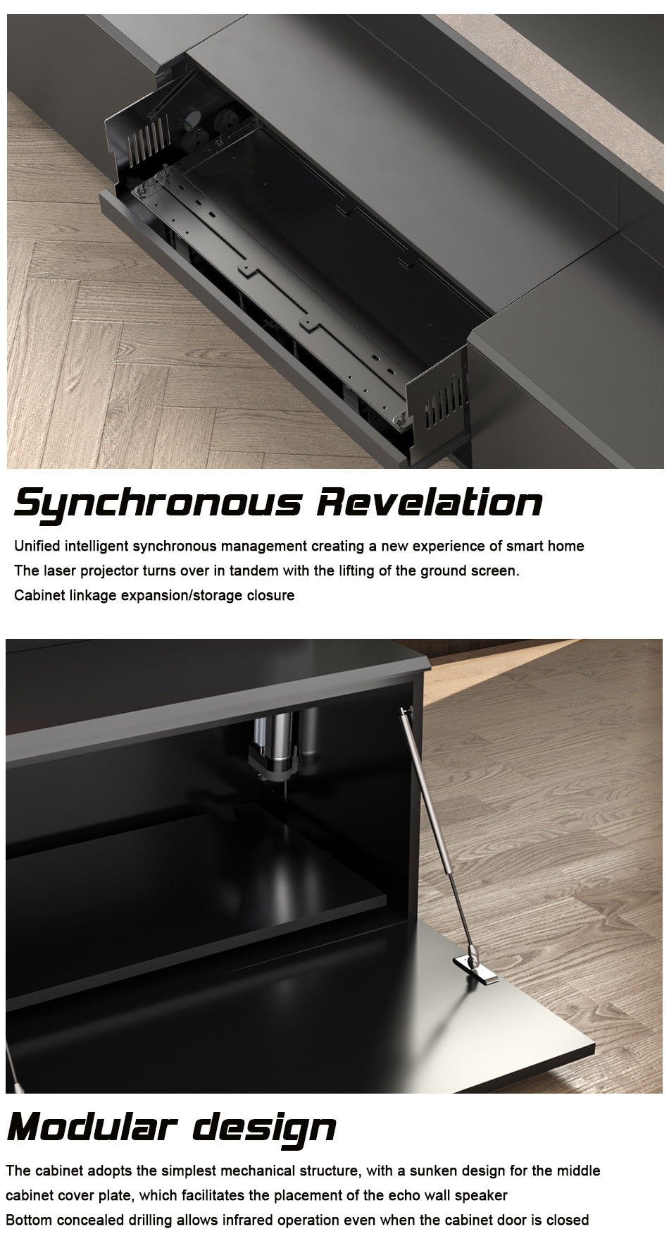 WUPRO DR-500 fully concealed smart UST laser TV cabinet, customizable colors, synchronous reveal, modular design