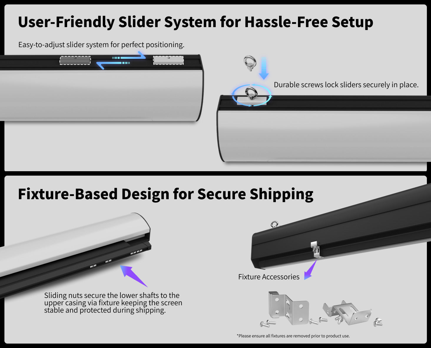 WUPRO FlowArc Smart motorized drop down screen with adjustable sliding rail system and fixture-based design for secure shipping