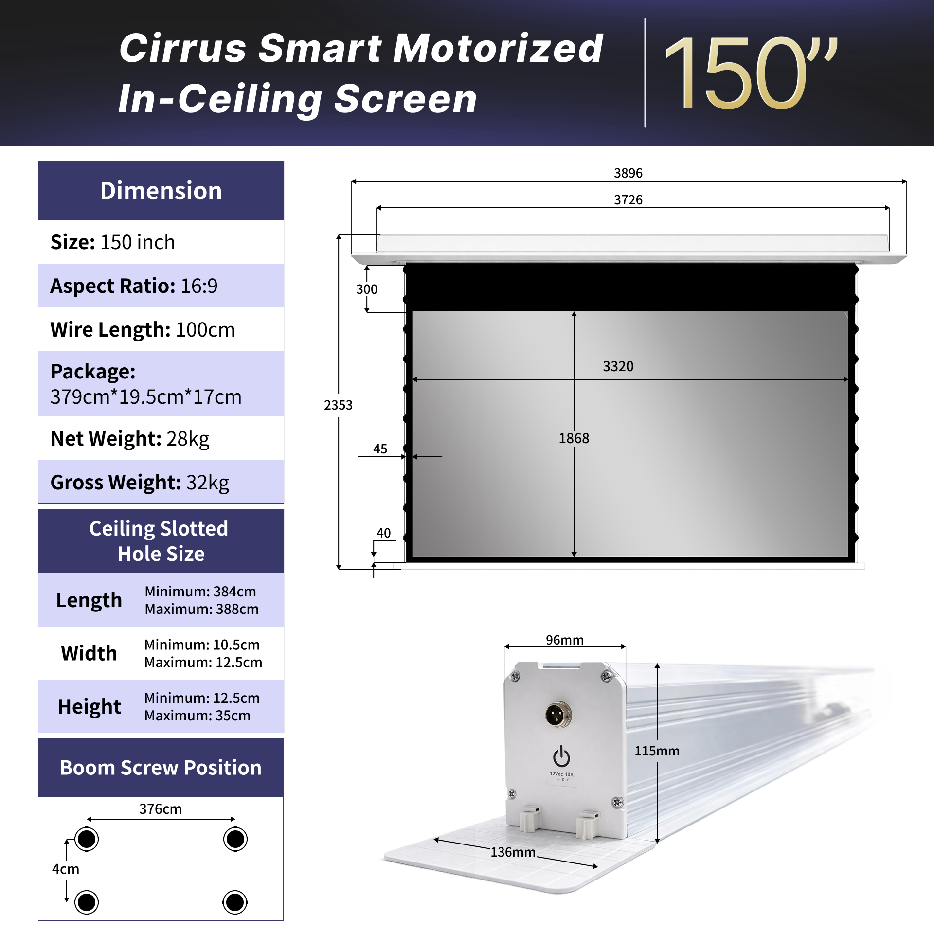 WUPRO Cinema Cirrus In-Ceiling Smart Motorized Drop-Down Projector Screen - 150nch Specifications