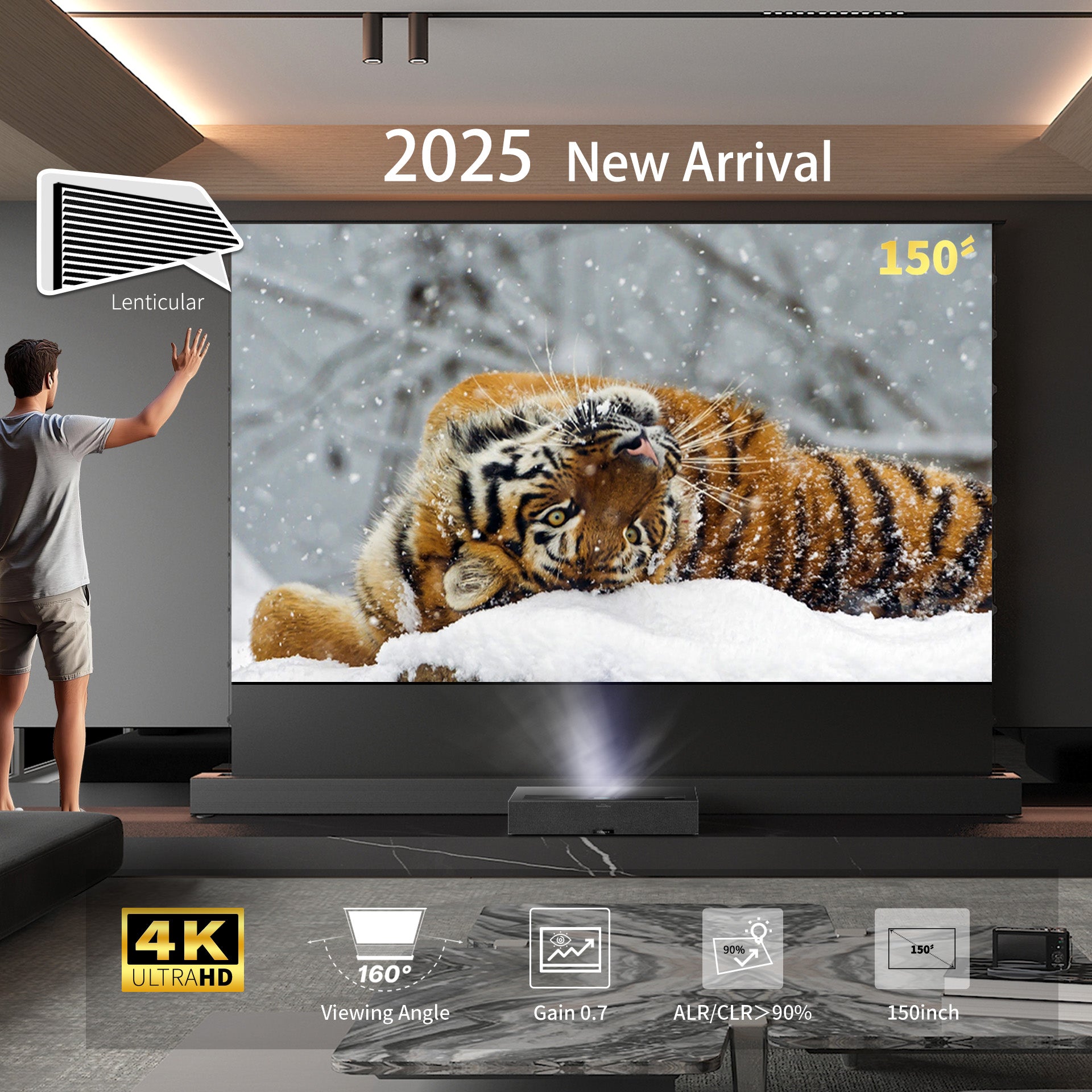 New release in 2025: 150" WUPRO Cinema Lenticular ALR CLR Smart Motorized Tension Floor Rising Screen For UST Projector