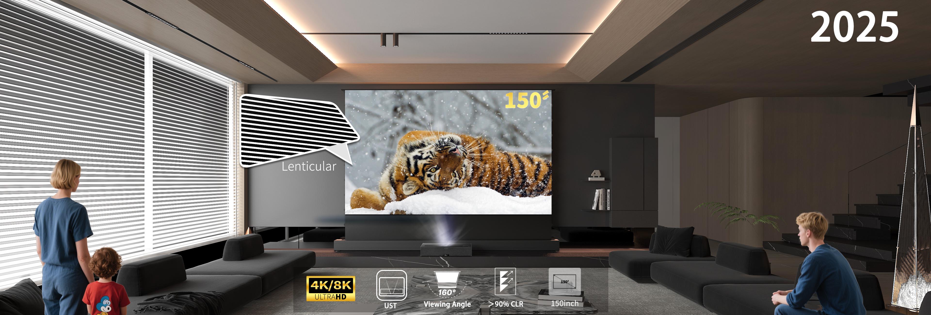 New release in 2025: 150" WUPRO Cinema Lenticular ALR CLR Smart Motorized Tension Floor Rising Screen For UST Projector