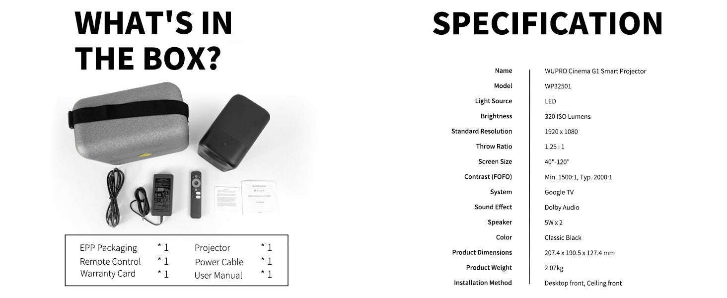 WUPRO Cinema Galaxy Two(G2) Smart Mini Projector package list