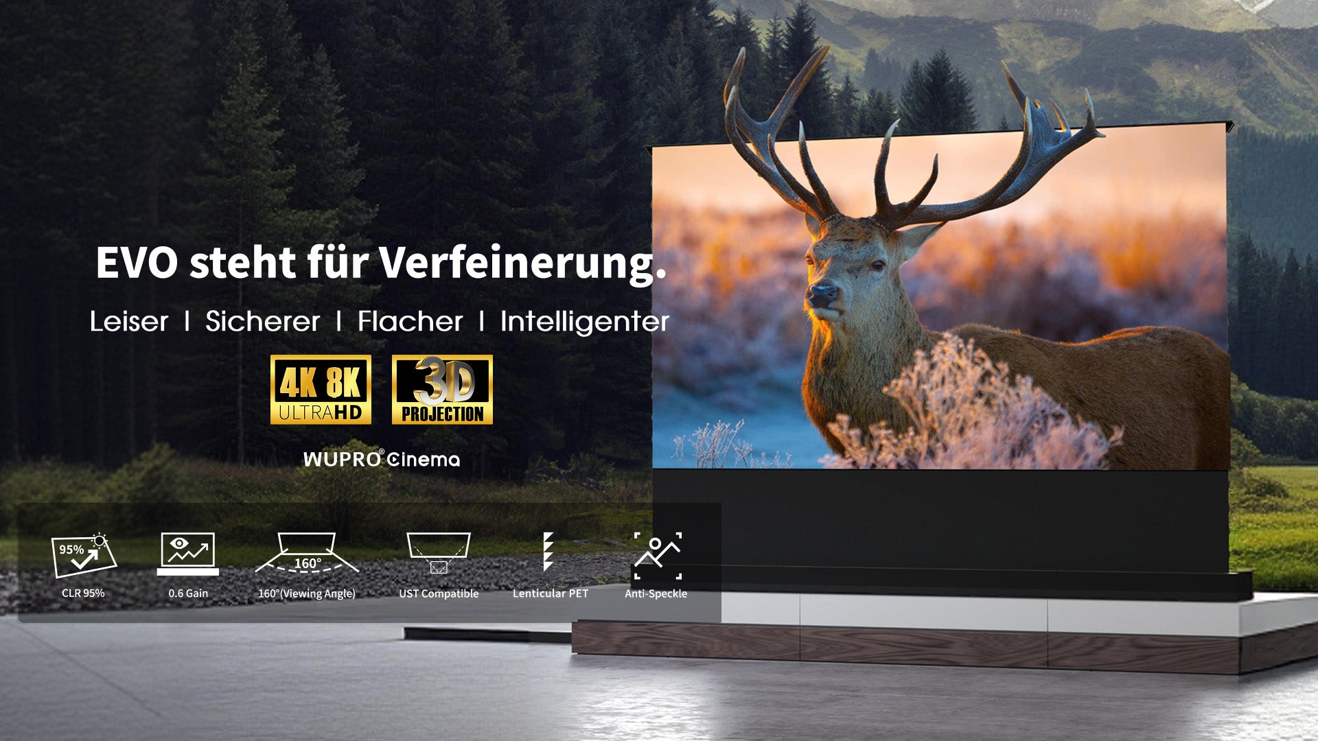 WUPRO LeApex EVO Smart CBSP CLR ALR UST Floor-Rising Leinwand, 95% ALR, Hoher Kontrast, Anti-Laser-Speckle