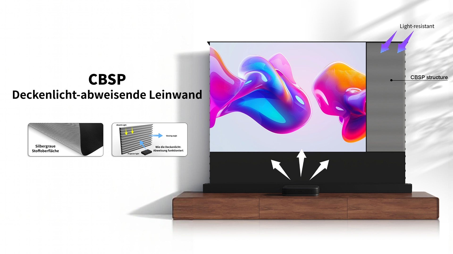 WUPRO LeApex EVO CBSP High-Contrast CLR ALR UST Smart motorisierte Floor-Rising-Leinwand – Premium CBSP Ceiling-Light-Rejecting-Material mit 95 % Umgebungslicht-Absorption