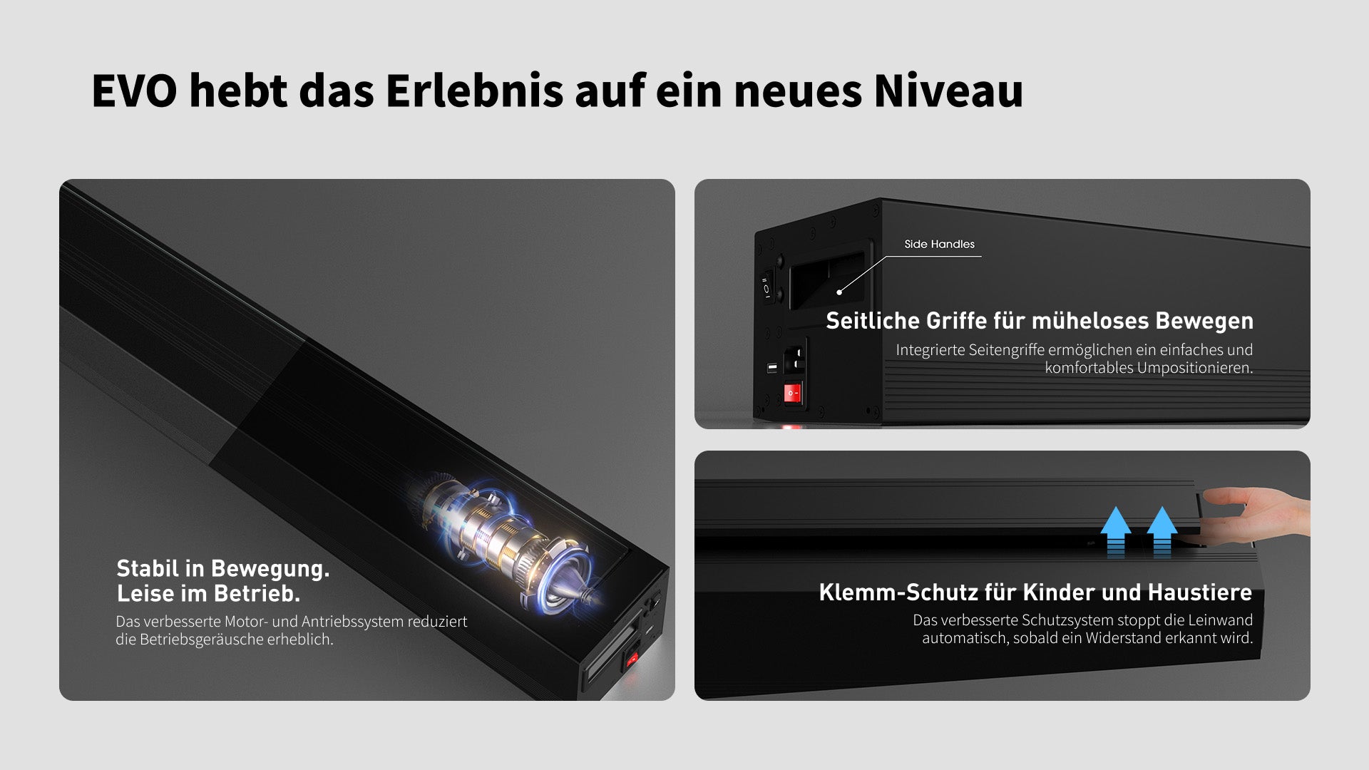 WUPRO LeApex EVO CBSP High-Contrast CLR ALR UST Floor-Rising Projektionsleinwand – Anti-Pinch-Sicherheitsdesign, leiserer und stabilerer Motor, beidseitige verdeckte Tragegriffe