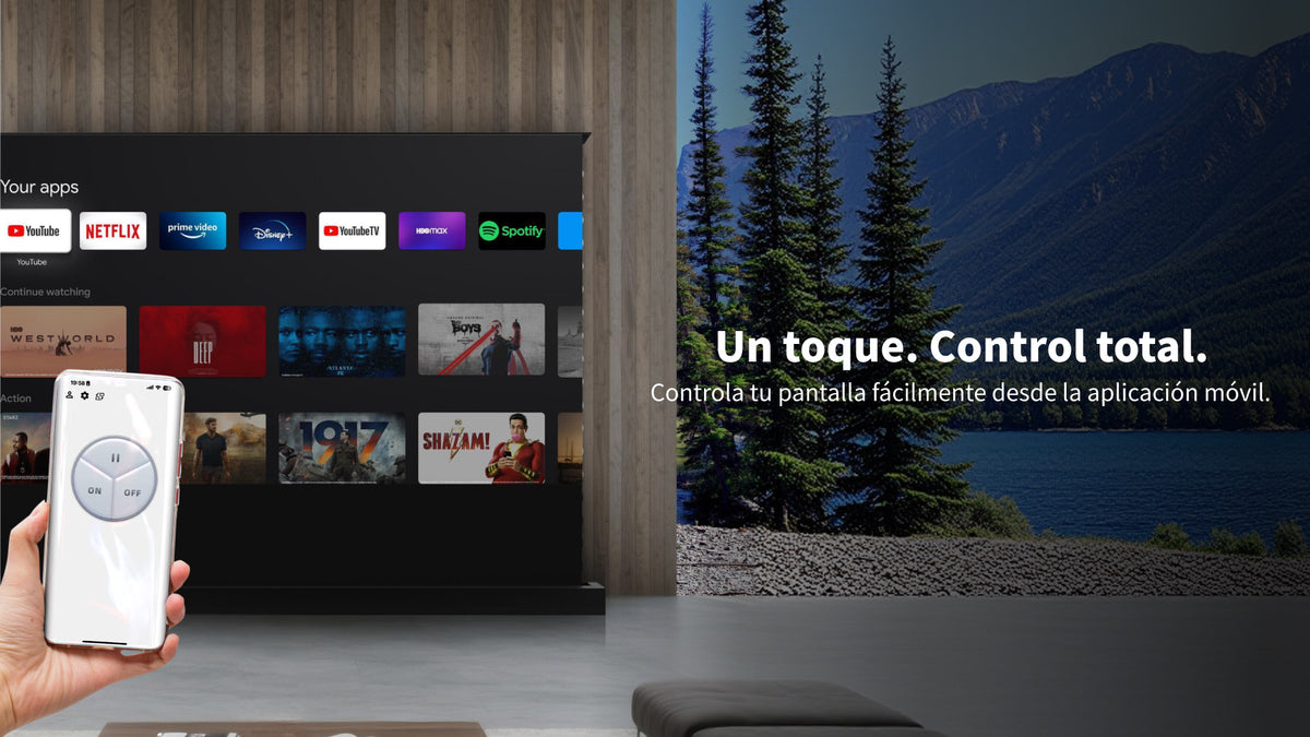 Pantalla ALR UST motorizada de suelo WUPRO LeApex EVO controlada mediante una aplicación móvil en un salón moderno