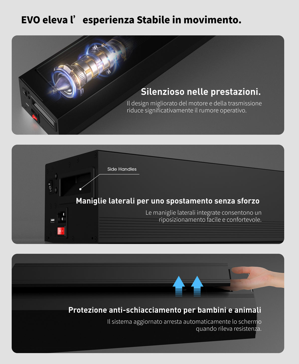 Schermo motorizzato da pavimento WUPRO LeApex EVO con motore silenzioso, maniglie laterali e protezione antipizzicamento