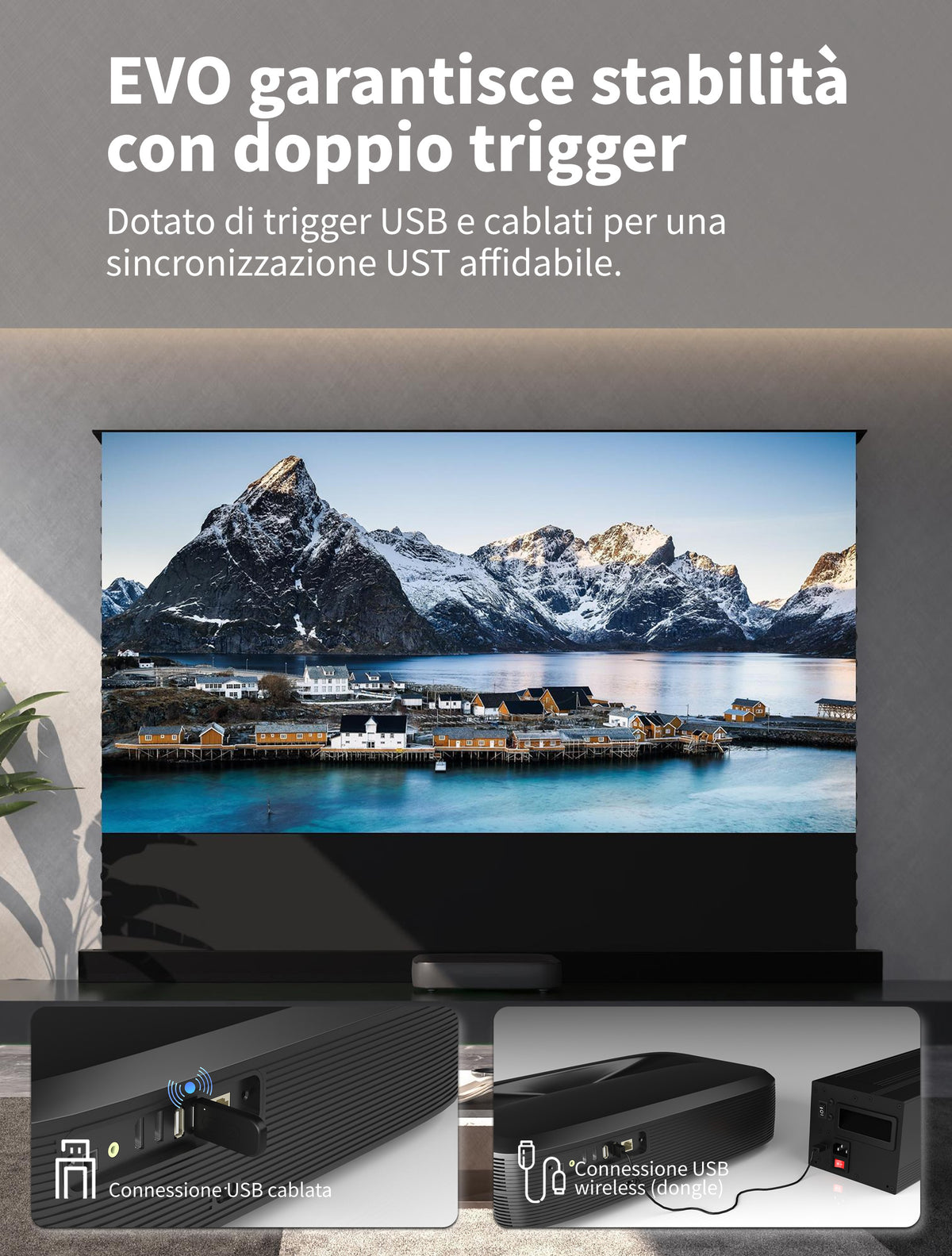 Schermo UST motorizzato da pavimento WUPRO LeApex EVO con trigger USB wireless e cablato per la sincronizzazione automatica del proiettore