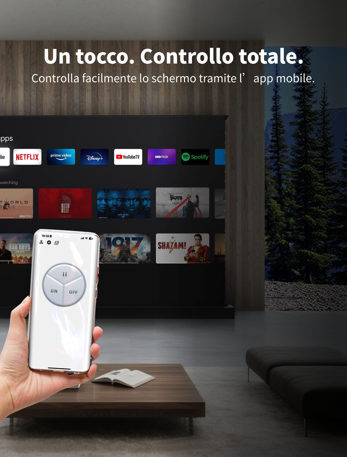 Schermo ALR UST motorizzato da pavimento WUPRO LeApex EVO controllato tramite app mobile in un soggiorno moderno