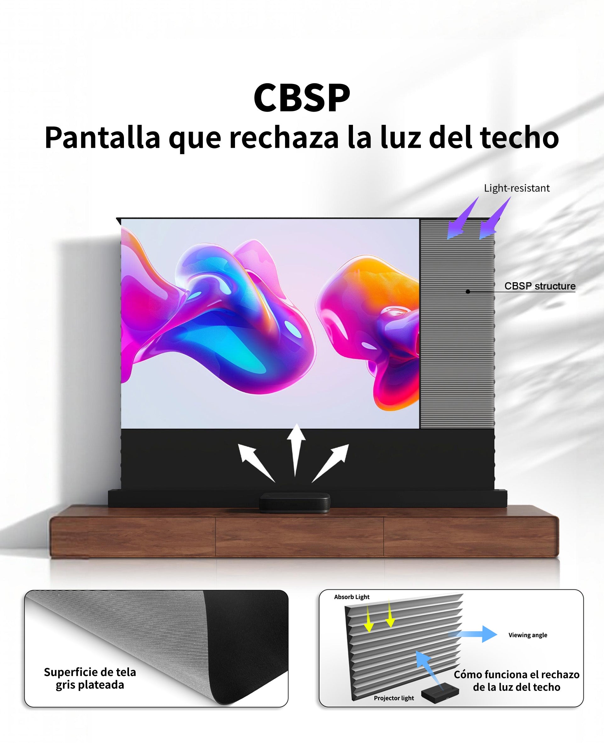 Pantalla motorizada Floor Rising inteligente WUPRO LeApex EVO CBSP CLR ALR UST de alto contraste – Material CBSP premium con rechazo de luz del techo y 95 % de rechazo de luz ambiental