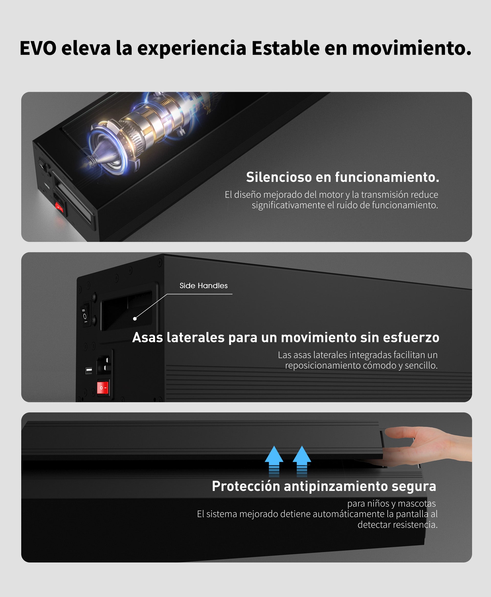 Pantalla de proyección Floor Rising WUPRO LeApex EVO CBSP CLR ALR UST de alto contraste – Diseño antipinzamiento, motor más silencioso y estable, asas portátiles ocultas en ambos lados