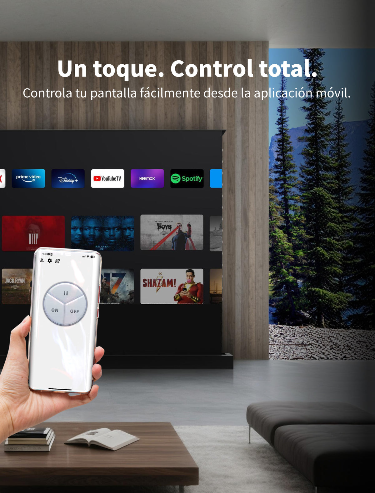 Pantalla ALR UST motorizada de suelo WUPRO LeApex EVO controlada mediante una aplicación móvil en un salón moderno
