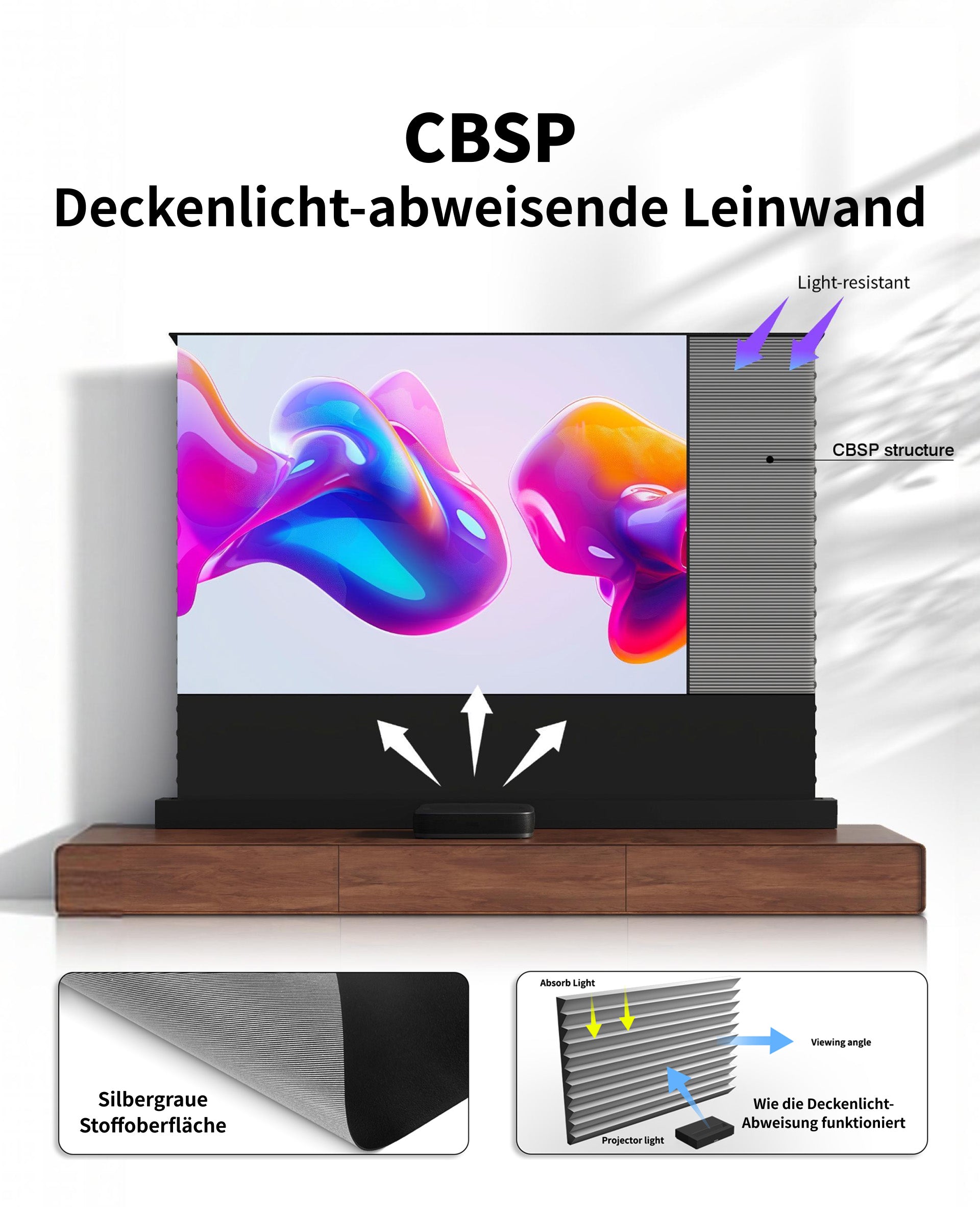 WUPRO LeApex EVO CBSP High-Contrast CLR ALR UST Smart motorisierte Floor-Rising-Leinwand – Premium CBSP Ceiling-Light-Rejecting-Material mit 95 % Umgebungslicht-Absorption
