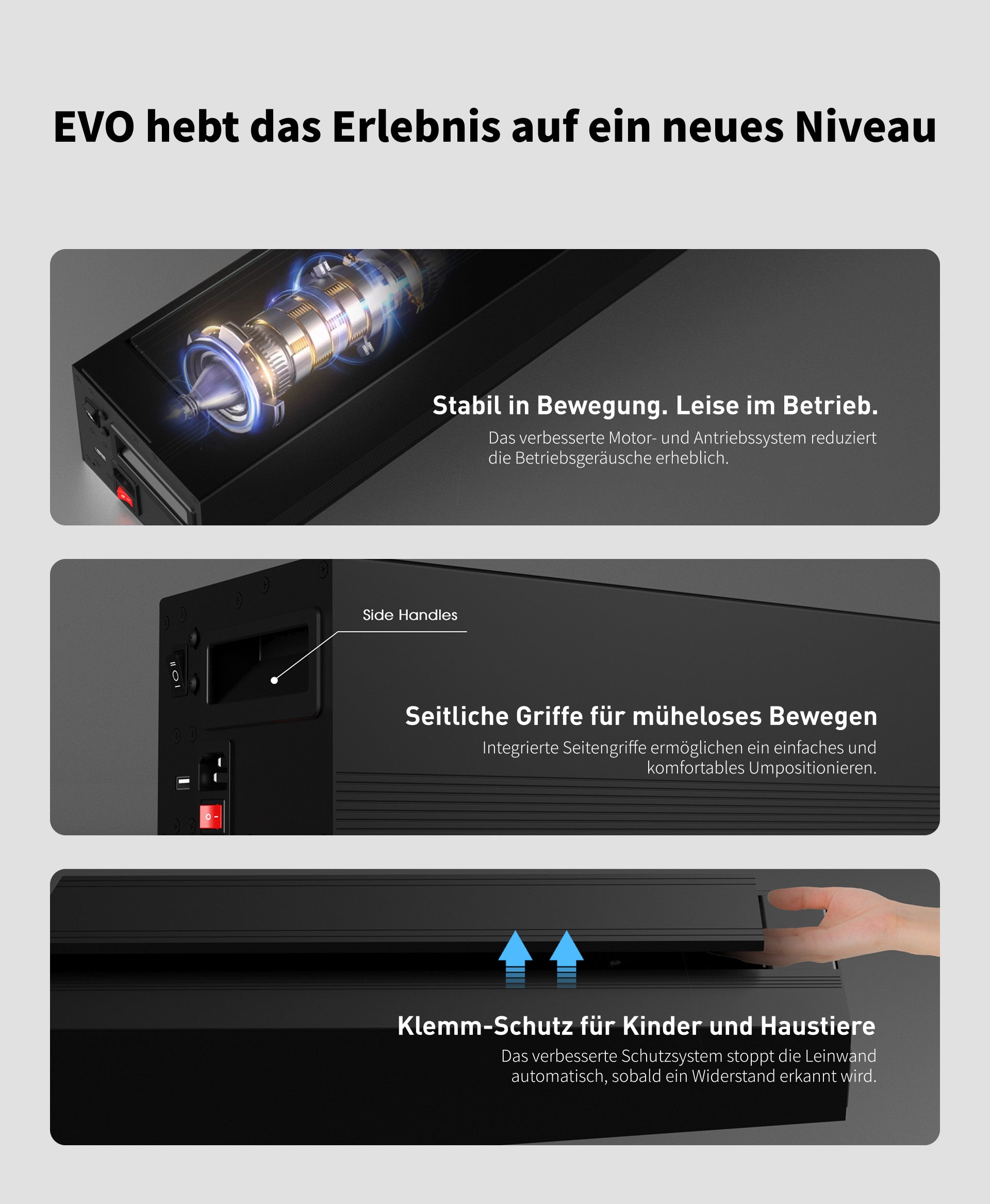 WUPRO LeApex EVO CBSP High-Contrast CLR ALR UST Floor-Rising Projektionsleinwand – Anti-Pinch-Sicherheitsdesign, leiserer und stabilerer Motor, beidseitige verdeckte Tragegriffe