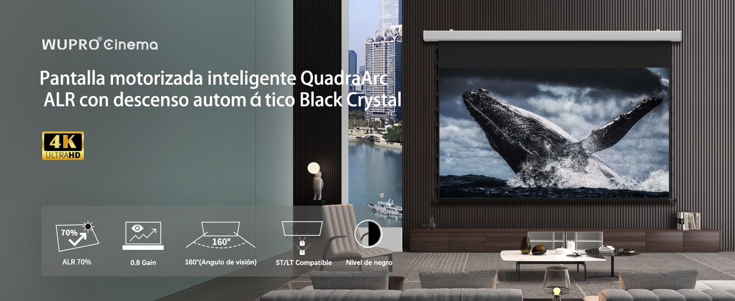 Pantalla de proyección motorizada inteligente tensada Wupro Cinema QuadraArc Black crystal: características destacadas