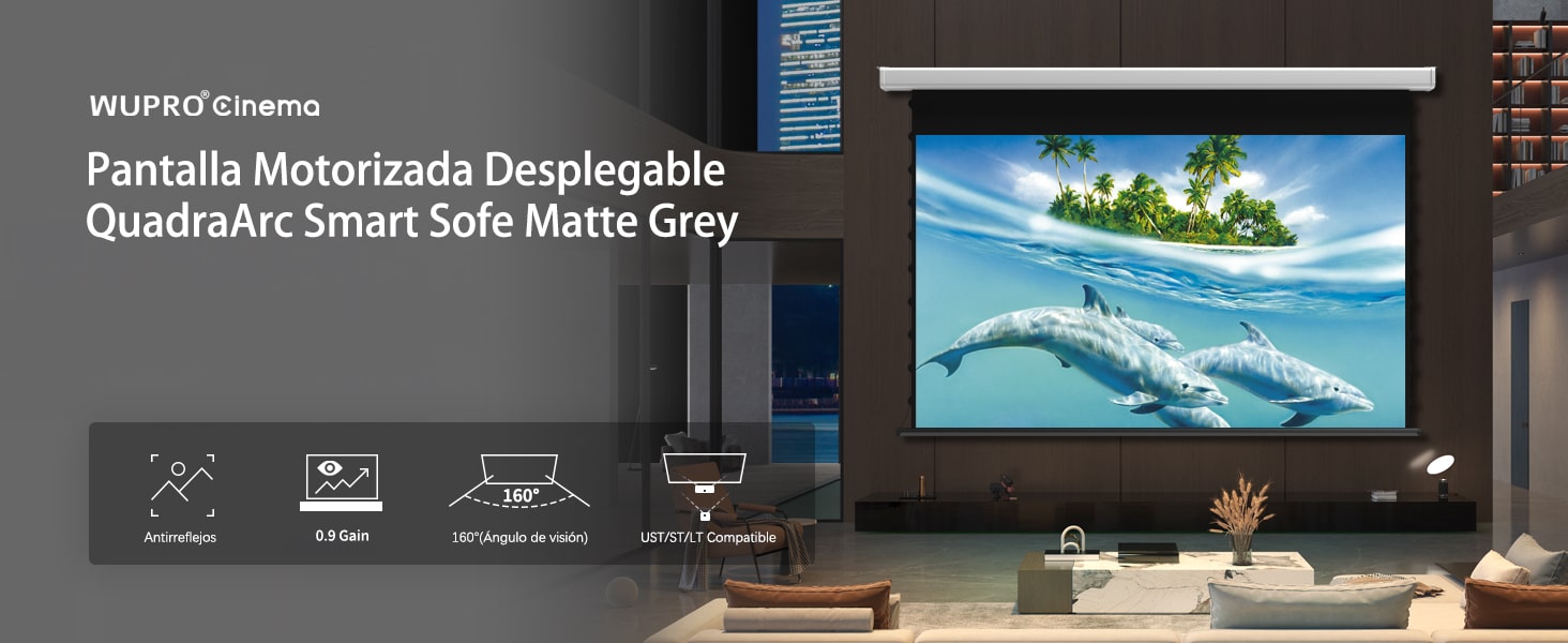 Pantalla de proyección motorizada tensada Wupro Cinema QuadraArc Soft gris mate mate. Características destacadas.