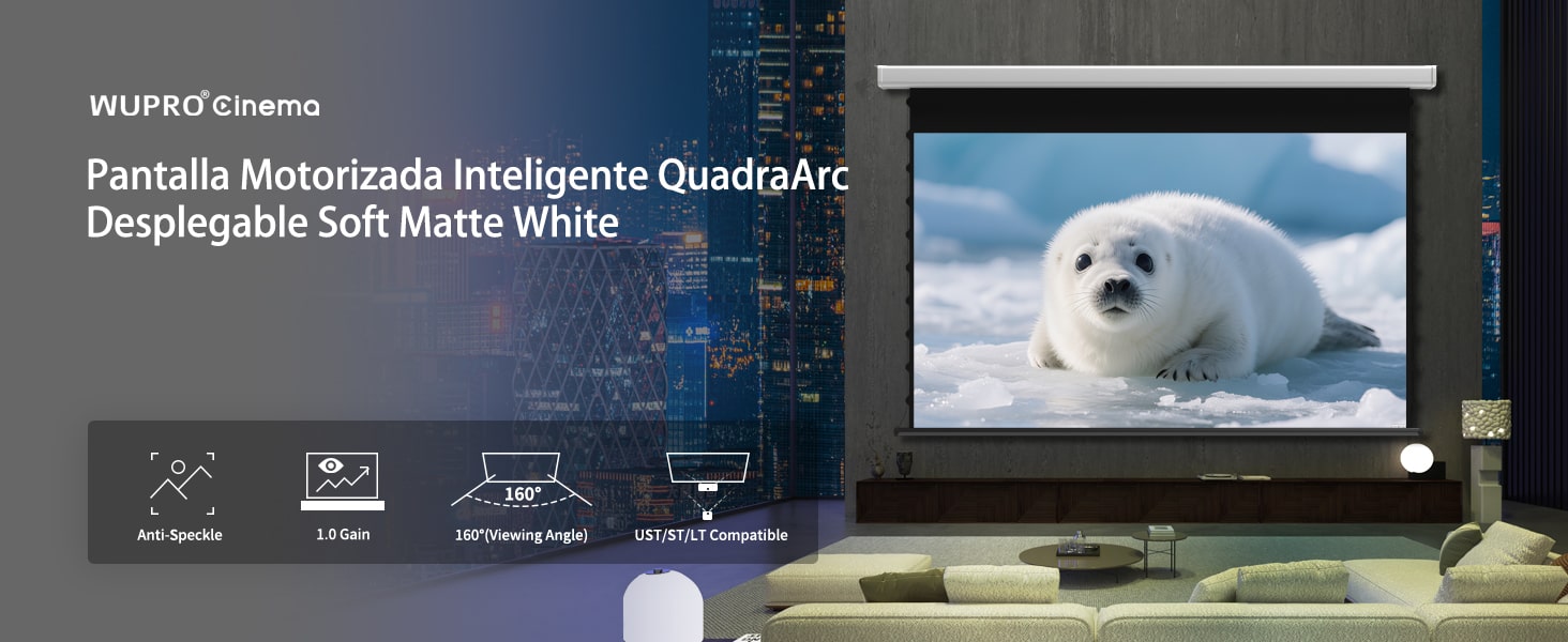 Pantalla de proyección motorizada tensada Wupro Cinema QuadraArc Soft mate blanco. Características destacadas.