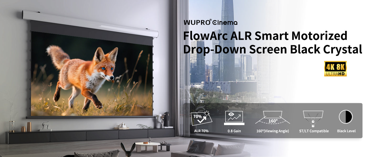 WUPRO Cinema FlowArc Luxury Black crystal ALR Smart Motorized Drop Down Projector Screen For Long Throw Projector 