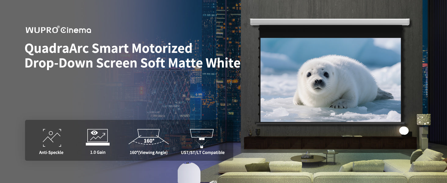 Wupro Cinema QuadraArc Soft matte white Tensioned Smart Motorized Drop Down Projector Screen Highlights