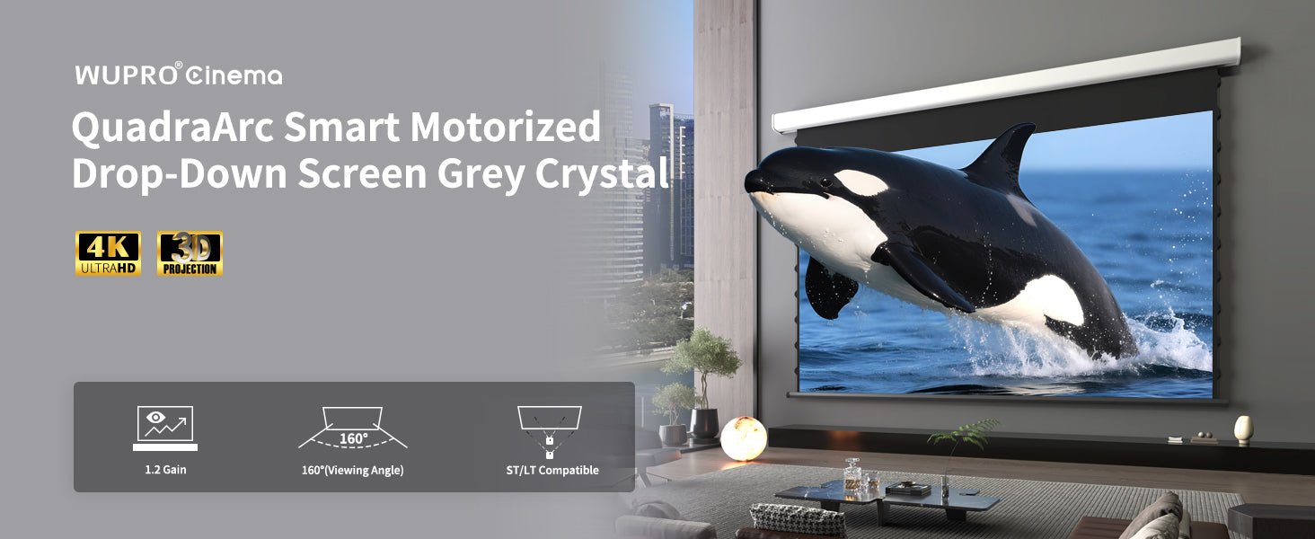 Wupro Cinema QuadraArc Grey crystal Tensioned Smart Motorized Drop Down Projector Screen Highlights